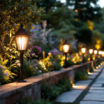 A photograph of a beautifully designed outdoor lighting installation that subtly blends into the landscape