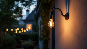 A photograph of a beautifully designed gooseneck light fixture mounted on an exterior wall
