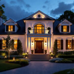 A photograph of a beautifully illuminated home exterior at dusk