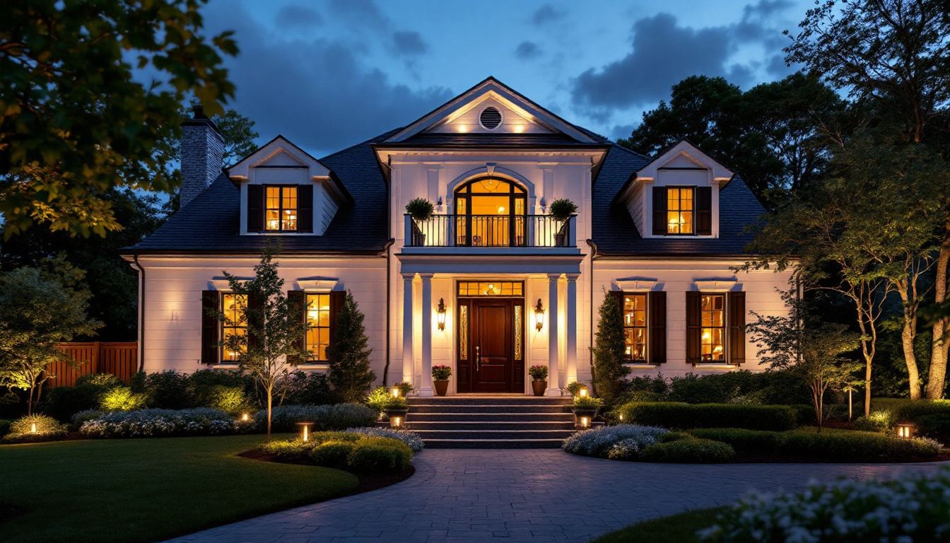 A photograph of a beautifully illuminated home exterior at dusk