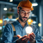 A photograph of a lighting contractor examining a high-quality led light bulb in a well-lit workspace