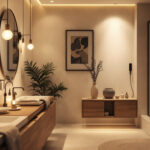 A photograph of a beautifully designed bathroom featuring a variety of stylish lighting fixtures