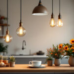 A photograph of a beautifully arranged scene featuring various styles of hanging lights in a well-lit room