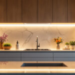 A photograph of a beautifully designed kitchen featuring stylish under cabinet lighting that highlights the countertops