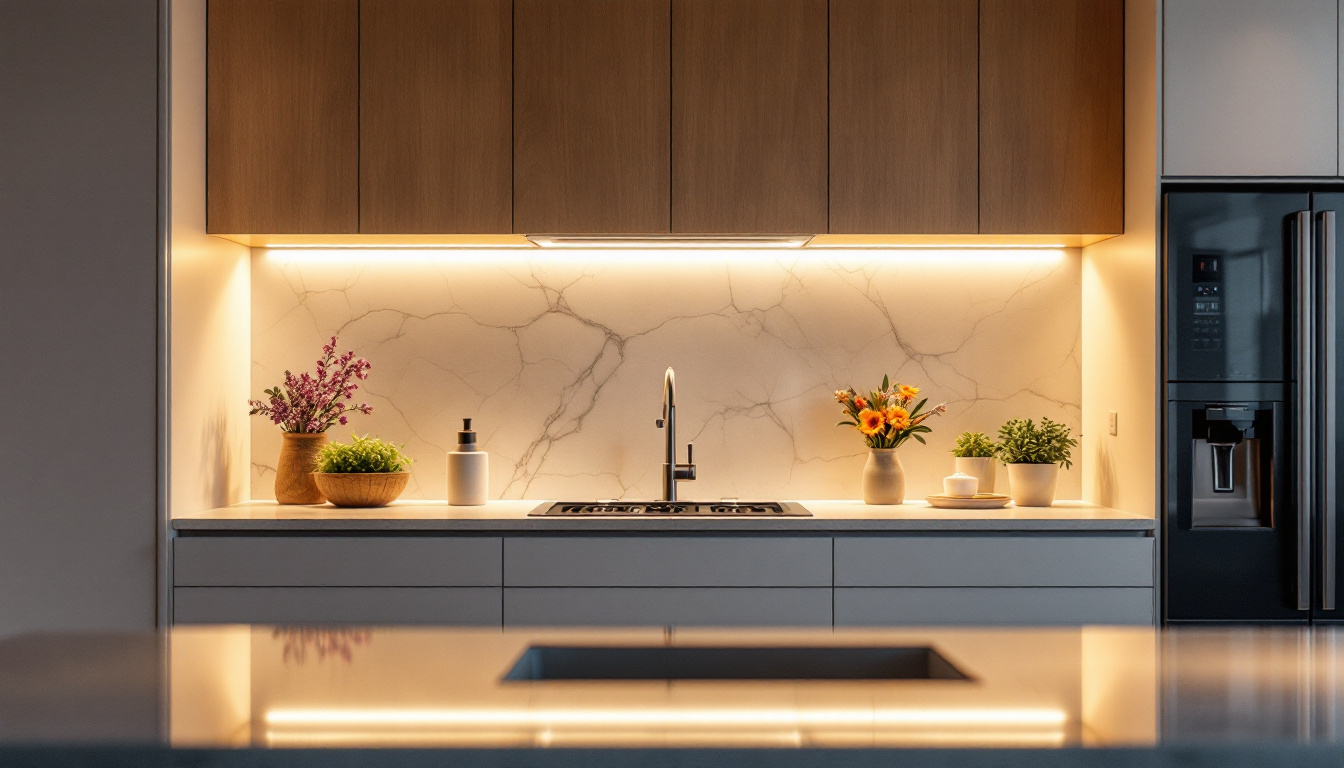 A photograph of a beautifully designed kitchen featuring stylish under cabinet lighting that highlights the countertops