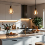A photograph of a beautifully designed kitchen island illuminated by stylish pendant lights