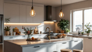A photograph of a beautifully designed kitchen island illuminated by stylish pendant lights