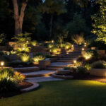 A photograph of a beautifully illuminated outdoor landscape featuring various landscape lighting installations