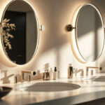 A photograph of a beautifully designed bathroom or vanity area featuring stylish and modern vanity lighting fixtures