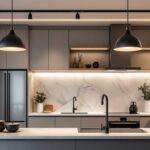 A photograph of a beautifully designed kitchen featuring modern ceiling lights that highlight the space's functionality and aesthetic