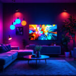 A photograph of a vibrant scene showcasing various rgb lights in a modern setting