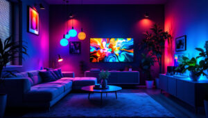 A photograph of a vibrant scene showcasing various rgb lights in a modern setting