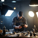 A photograph of a skilled lighting contractor at work