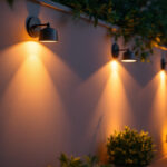 A photograph of a beautifully illuminated outdoor wall with stylish lighting fixtures that enhance the ambiance of a garden or patio setting during twilight