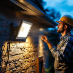 A photograph of a lighting contractor installing a motion-activated flood light in a residential outdoor setting during dusk