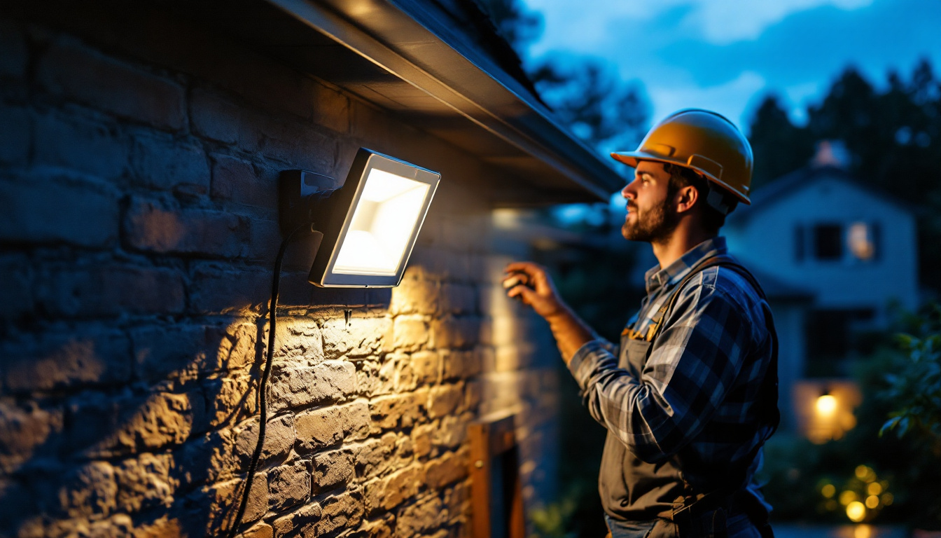 A photograph of a lighting contractor installing a motion-activated flood light in a residential outdoor setting during dusk