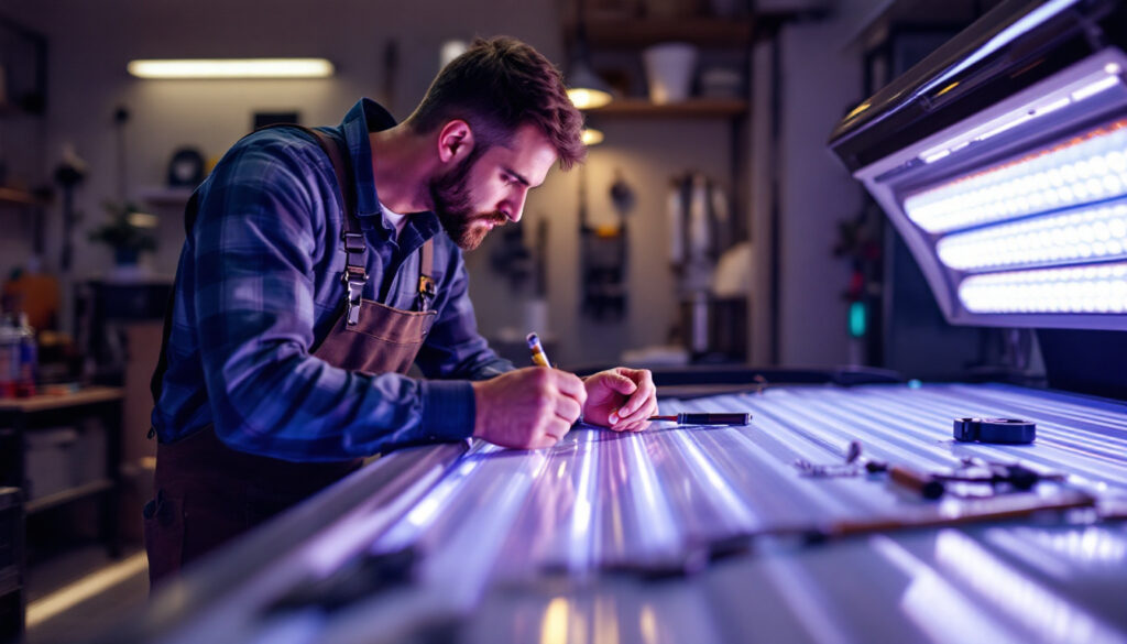 A photograph of a professional lighting contractor carefully replacing the bulbs in a tanning bed