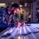 A photograph of a professional lighting contractor carefully replacing the bulbs in a tanning bed