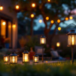 A photograph of a well-lit outdoor scene featuring a variety of solar lanterns from lowes