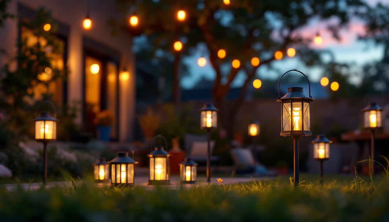 A photograph of a well-lit outdoor scene featuring a variety of solar lanterns from lowes