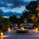 A photograph of a beautifully illuminated patio at dusk