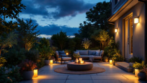A photograph of a beautifully illuminated patio at dusk