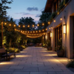 A photograph of a beautifully illuminated outdoor space at dusk