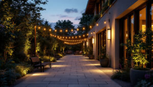 A photograph of a beautifully illuminated outdoor space at dusk