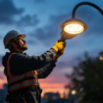 A photograph of a skilled lighting contractor expertly installing a cobra head streetlight against a backdrop of an urban setting at dusk