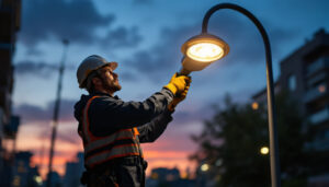 A photograph of a skilled lighting contractor expertly installing a cobra head streetlight against a backdrop of an urban setting at dusk