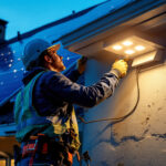 A photograph of a lighting contractor installing energy-efficient led fixtures alongside solar panels on a residential or commercial building