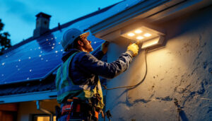 A photograph of a lighting contractor installing energy-efficient led fixtures alongside solar panels on a residential or commercial building