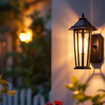 A photograph of a beautifully designed outdoor wall lantern solar light illuminated at dusk