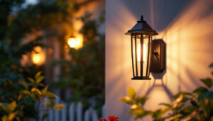 A photograph of a beautifully designed outdoor wall lantern solar light illuminated at dusk