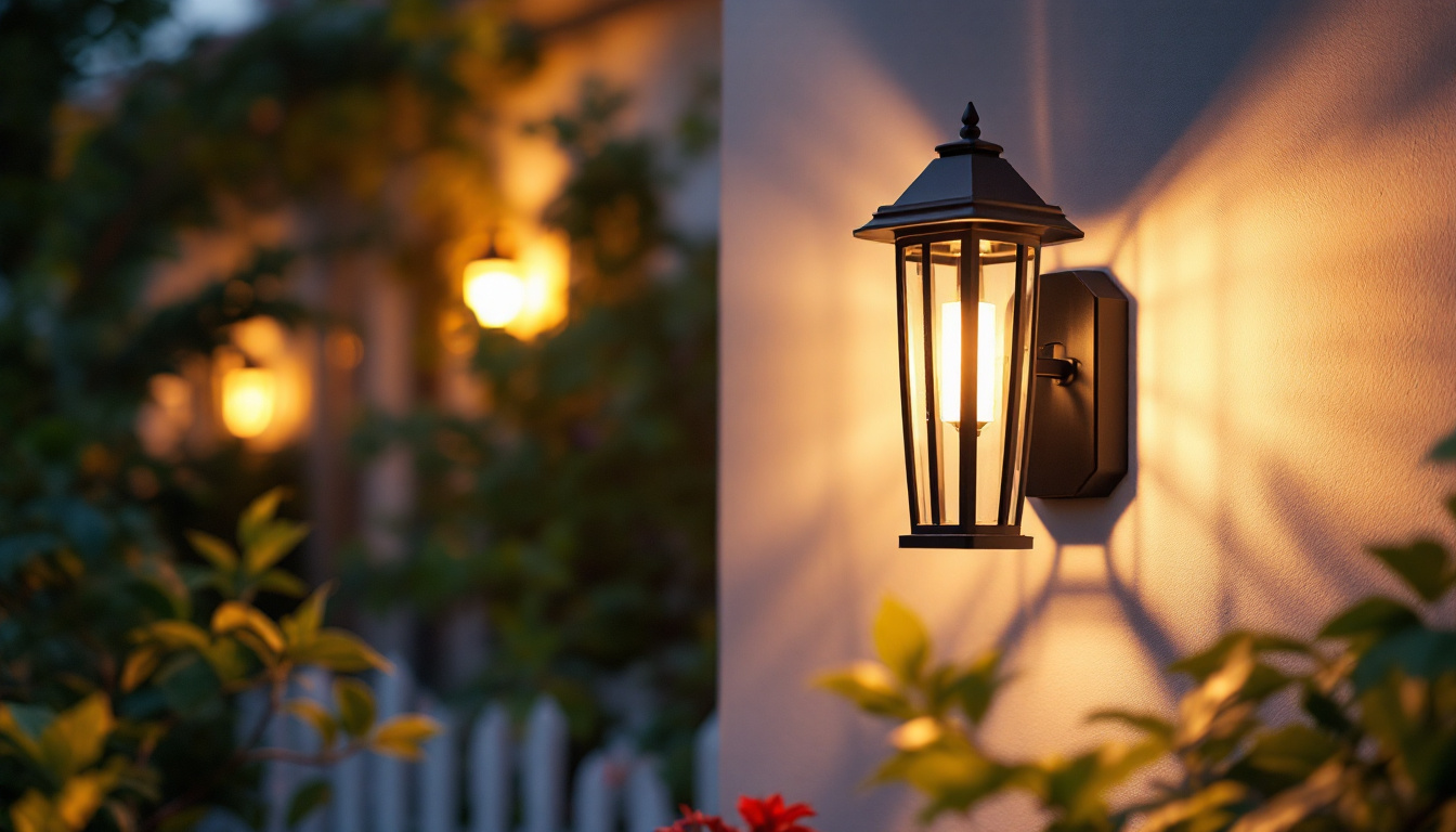 A photograph of a beautifully designed outdoor wall lantern solar light illuminated at dusk