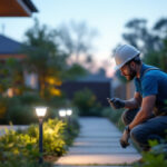 A photograph of a lighting contractor installing or inspecting a solar-powered light in a residential or commercial outdoor setting