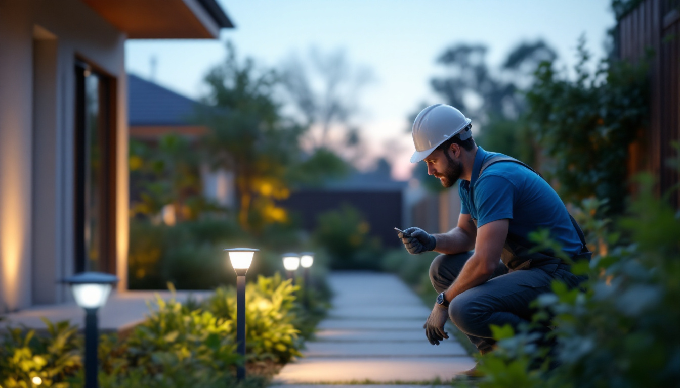 A photograph of a lighting contractor installing or inspecting a solar-powered light in a residential or commercial outdoor setting