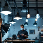 A photograph of a well-lit garage space showcasing various stylish lamp fixtures installed in an organized manner