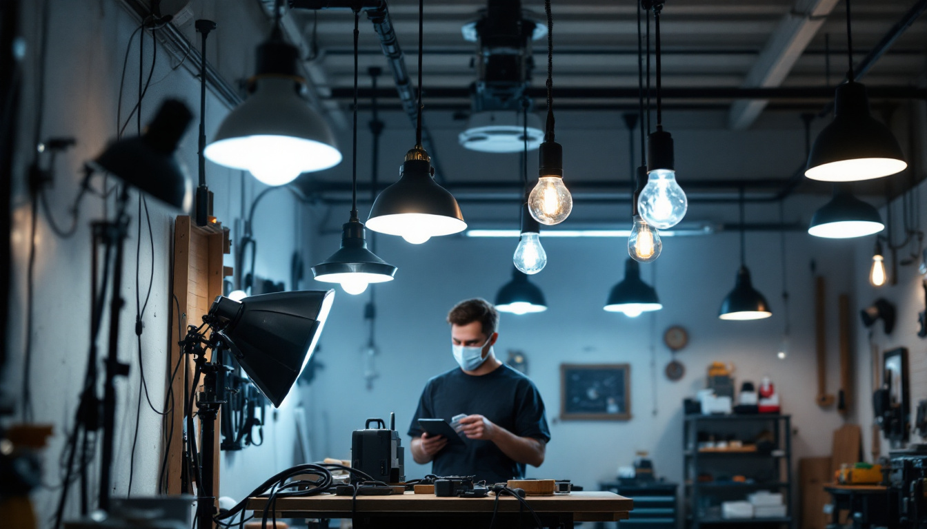 A photograph of a well-lit garage space showcasing various stylish lamp fixtures installed in an organized manner