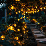 A photograph of a beautifully arranged outdoor setting illuminated by string lights
