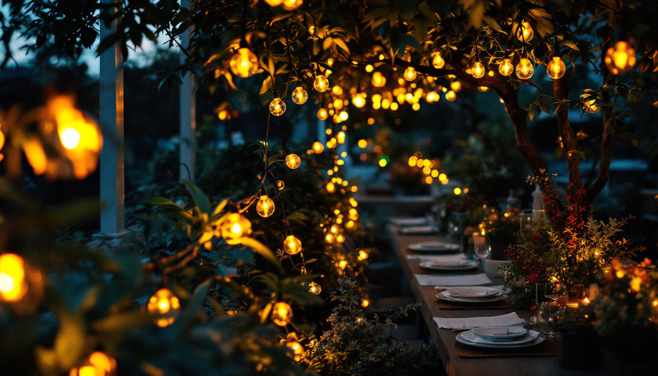 A photograph of a beautifully arranged outdoor setting illuminated by string lights