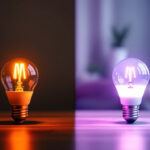 A photograph of a side-by-side comparison of a warm led bulb and a traditional fluorescent bulb in a well-lit room