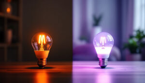 A photograph of a side-by-side comparison of a warm led bulb and a traditional fluorescent bulb in a well-lit room