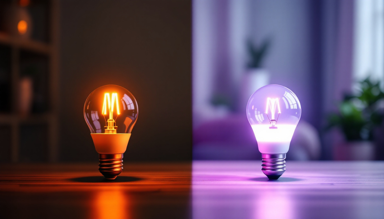 A photograph of a side-by-side comparison of a warm led bulb and a traditional fluorescent bulb in a well-lit room