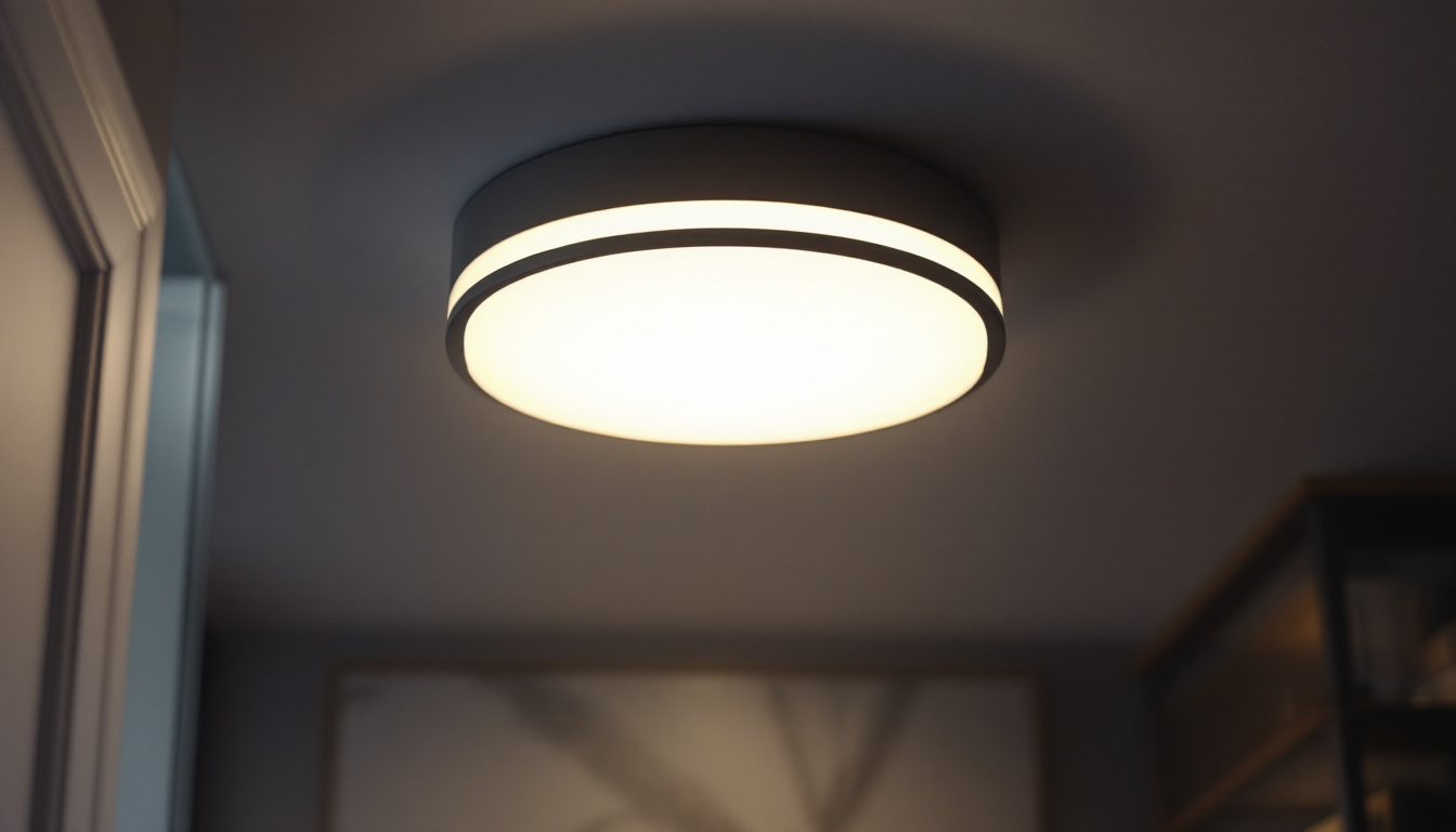 A photograph of a modern flat ceiling light fixture elegantly illuminated in a stylish interior setting
