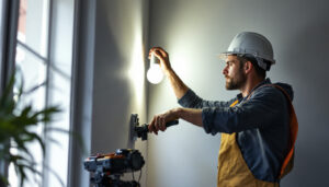 A photograph of capture a photograph of a lighting contractor installing wall led lights in a modern interior space