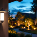A photograph of a lighting contractor installing a timer switch on an outdoor light fixture in a residential setting