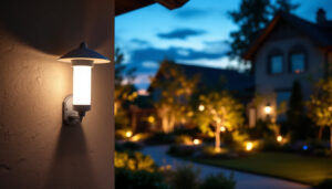 A photograph of a lighting contractor installing a timer switch on an outdoor light fixture in a residential setting