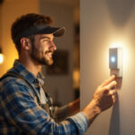 A photograph of a lighting contractor installing a motion sensor lamp switch in a residential setting