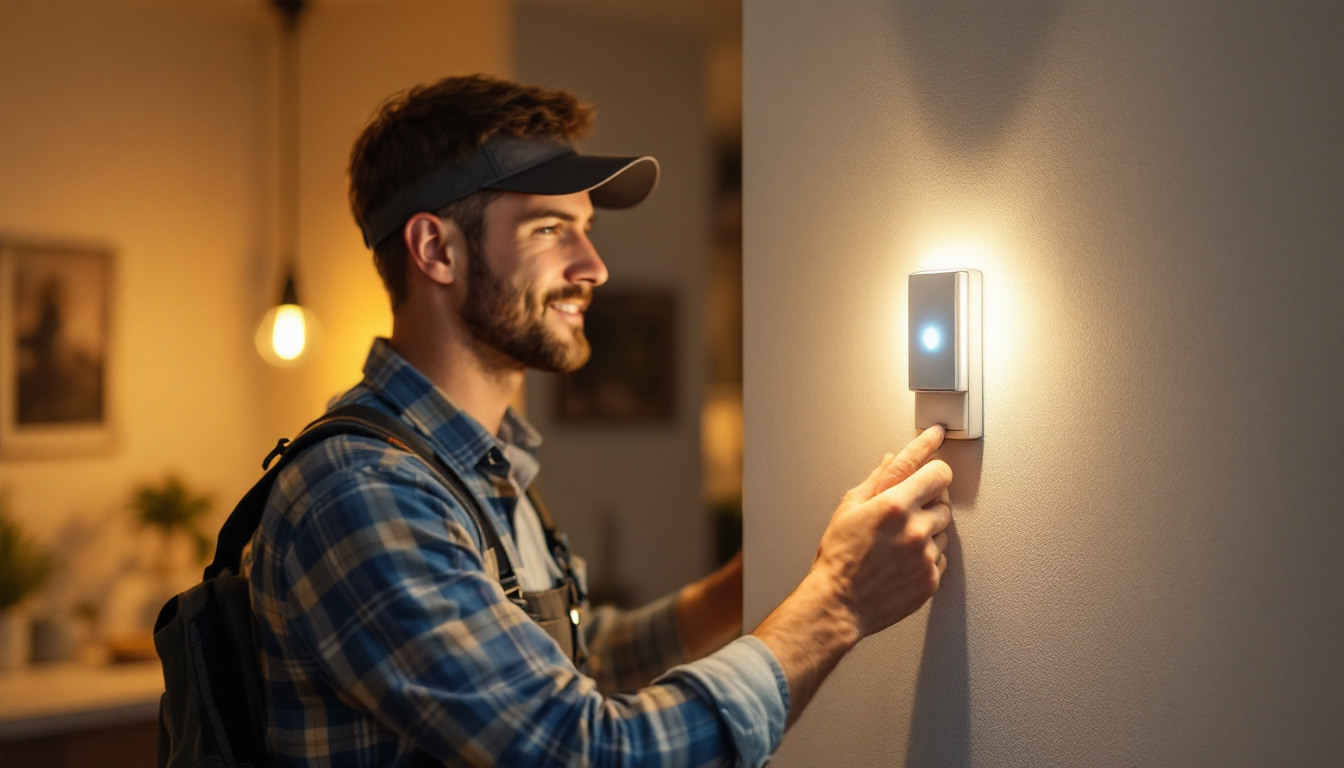A photograph of a lighting contractor installing a motion sensor lamp switch in a residential setting